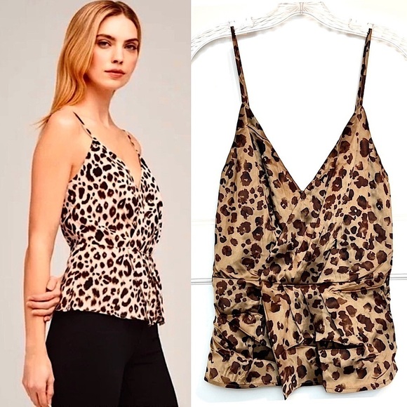 NWT L’AGENCE Leopard Silk Pleat Twist Front V-Neck Sleeveless Peplum Camisole XS - Picture 1 of 7